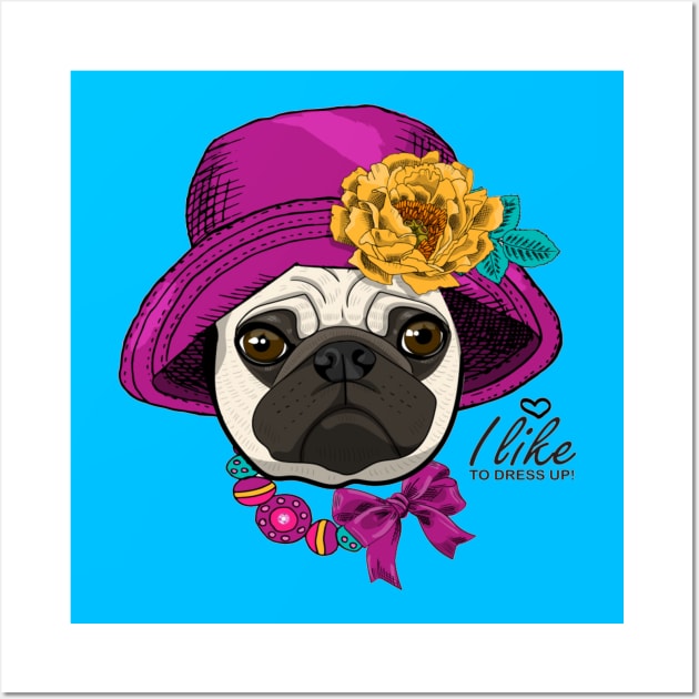 Vector dog with hat, yellow flower and nacklace. Hand drawn illustration of dressed pug Wall Art by amramna